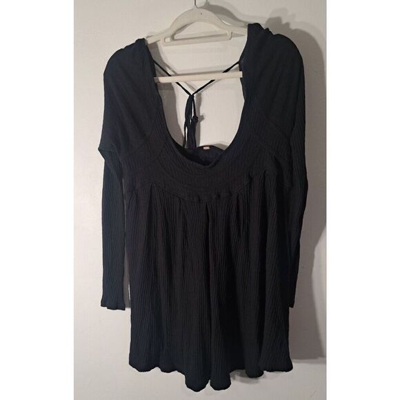Free People Womens Medium IT'S ALWAYS BEEN deep Scoop Neck Bohemian Top Black - Picture 1 of 8